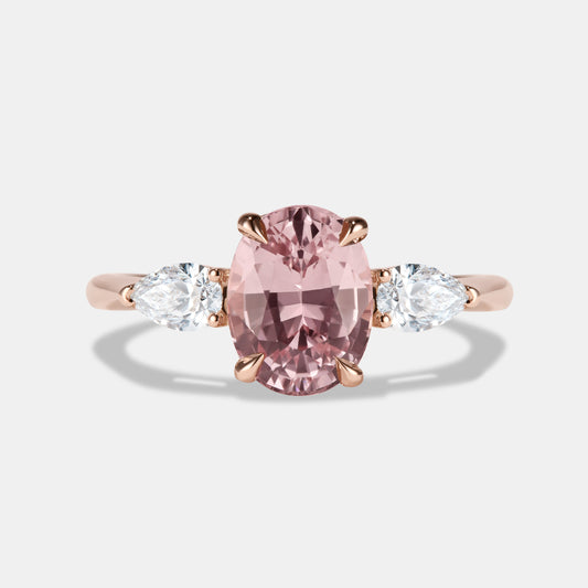 Aurora 2.62ct Oval Peach Sapphire Three Stone Engagement Ring