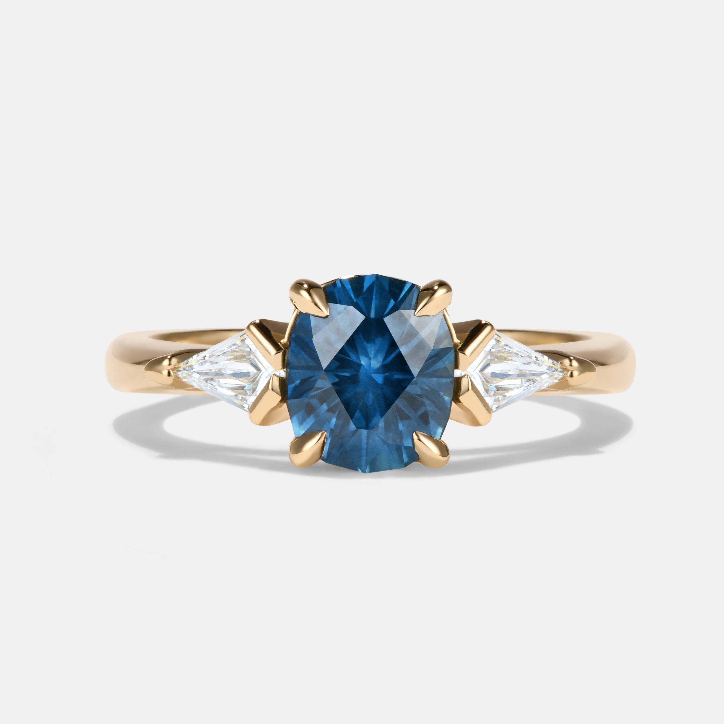Delilah 1.78ct Geometric Oval Blue Sapphire Three Stone Engagement Ring