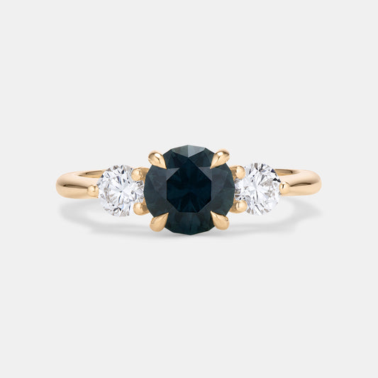 Maya 1.38ct Round Deep Teal Blue Sapphire Three Stone Engagement Ring