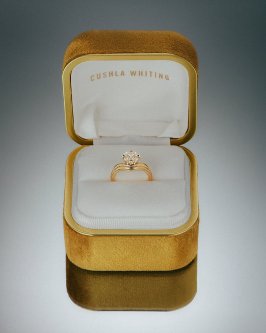Gold ring in a Cushla Whiting jewelry box on a gray background