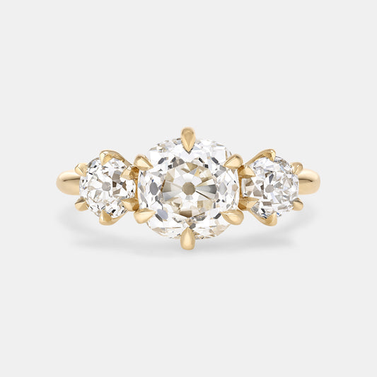 ELIZABETH 3.30ctw Old Mine Cut Antique Diamond Three Stone Engagement Ring