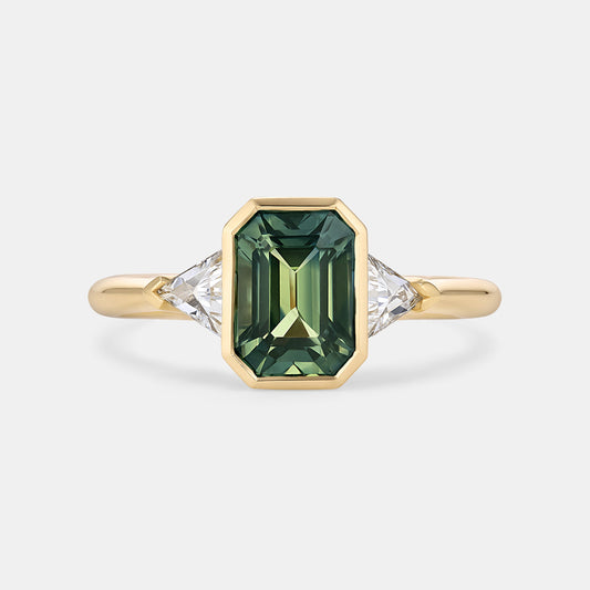 Marni 2.47ct Emerald Cut Blue Green Sapphire Three Stone Engagement Ring