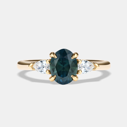 Aurora 1.43ct Oval Teal Sapphire Three Stone Engagement Ring