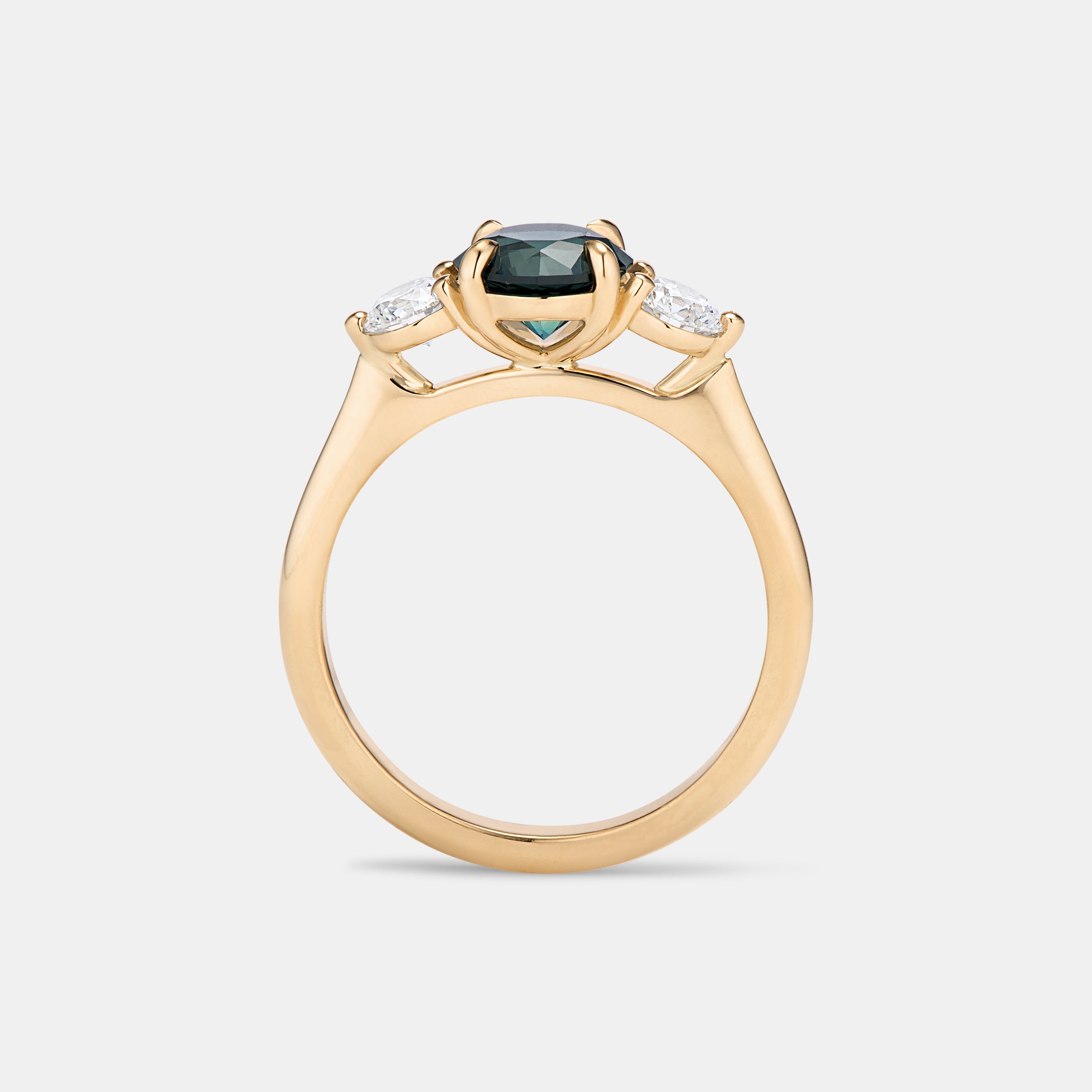 Maya 1.38ct Round Deep Teal Blue Sapphire Three Stone Engagement Ring