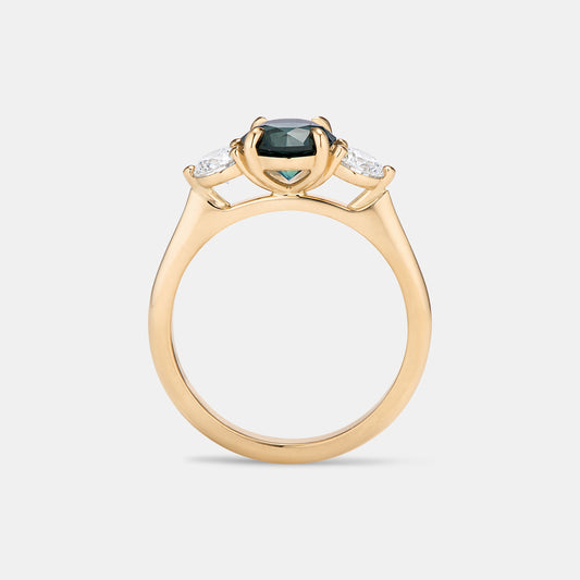 Maya 1.38ct Round Deep Teal Blue Sapphire Three Stone Engagement Ring