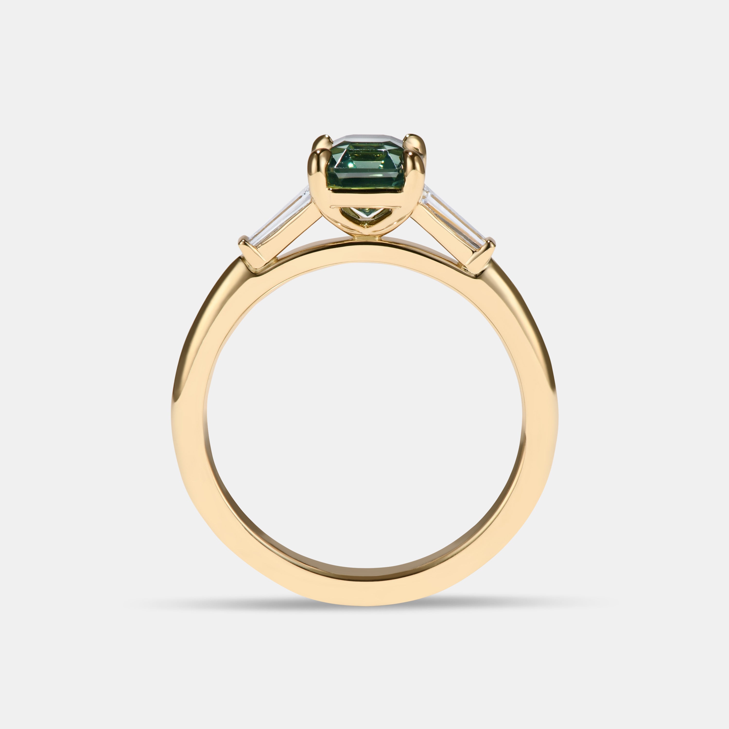 Barbara 1.38ct Asscher Cut Teal Sapphire Three Stone Engagement Ring