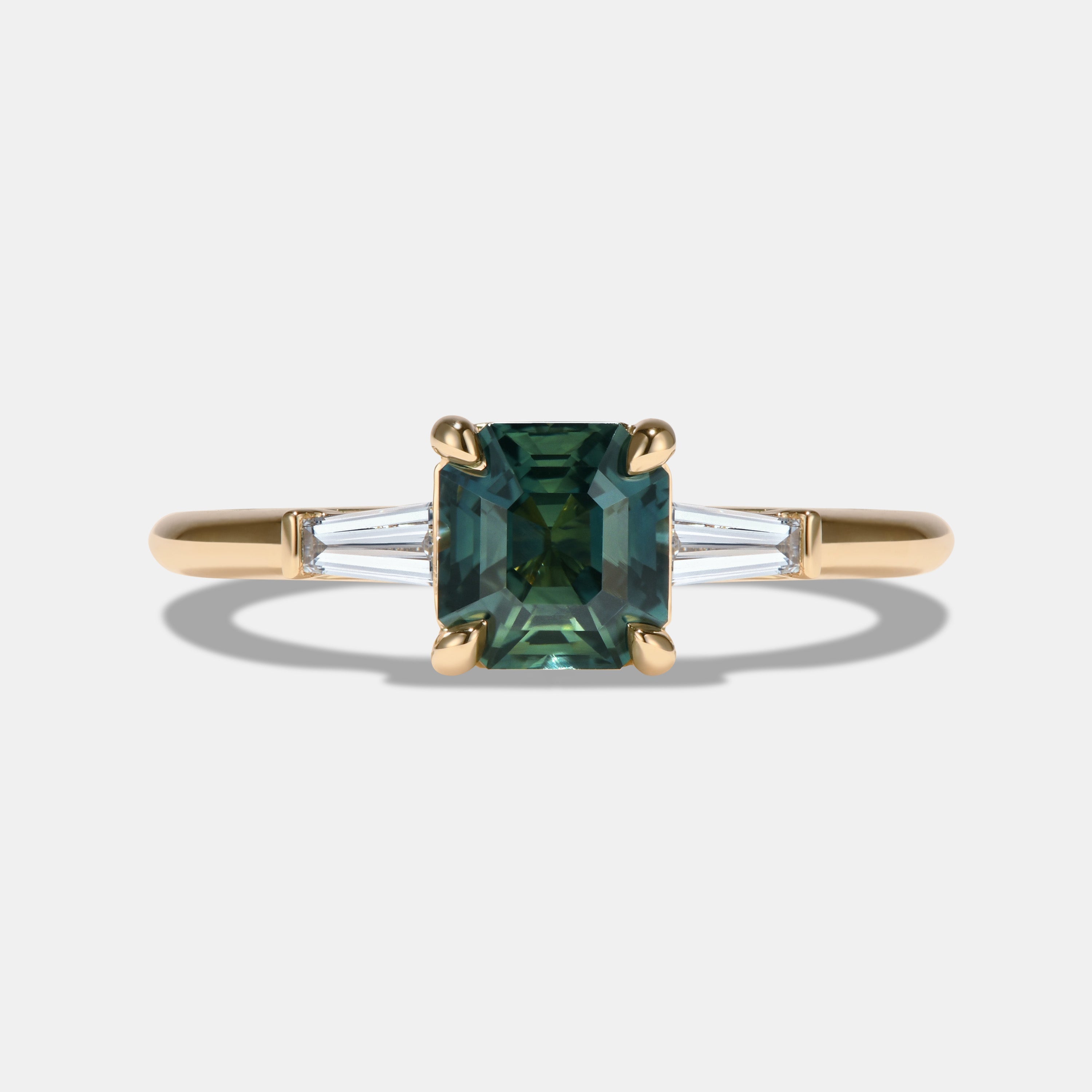 Barbara 1.38ct Asscher Cut Teal Sapphire Three Stone Engagement Ring