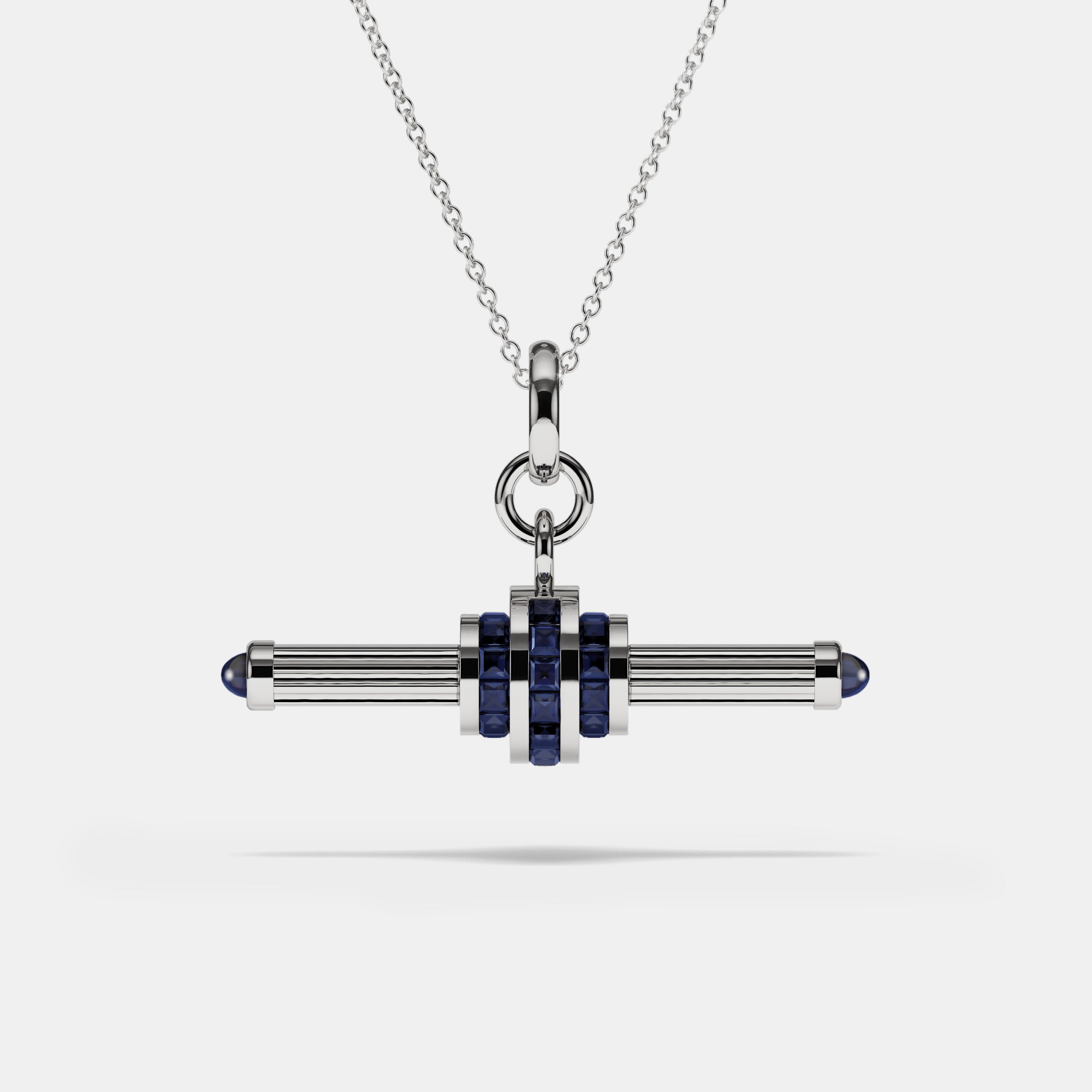 Cog Sapphire T-Bar Pendant in 18 karat white gold