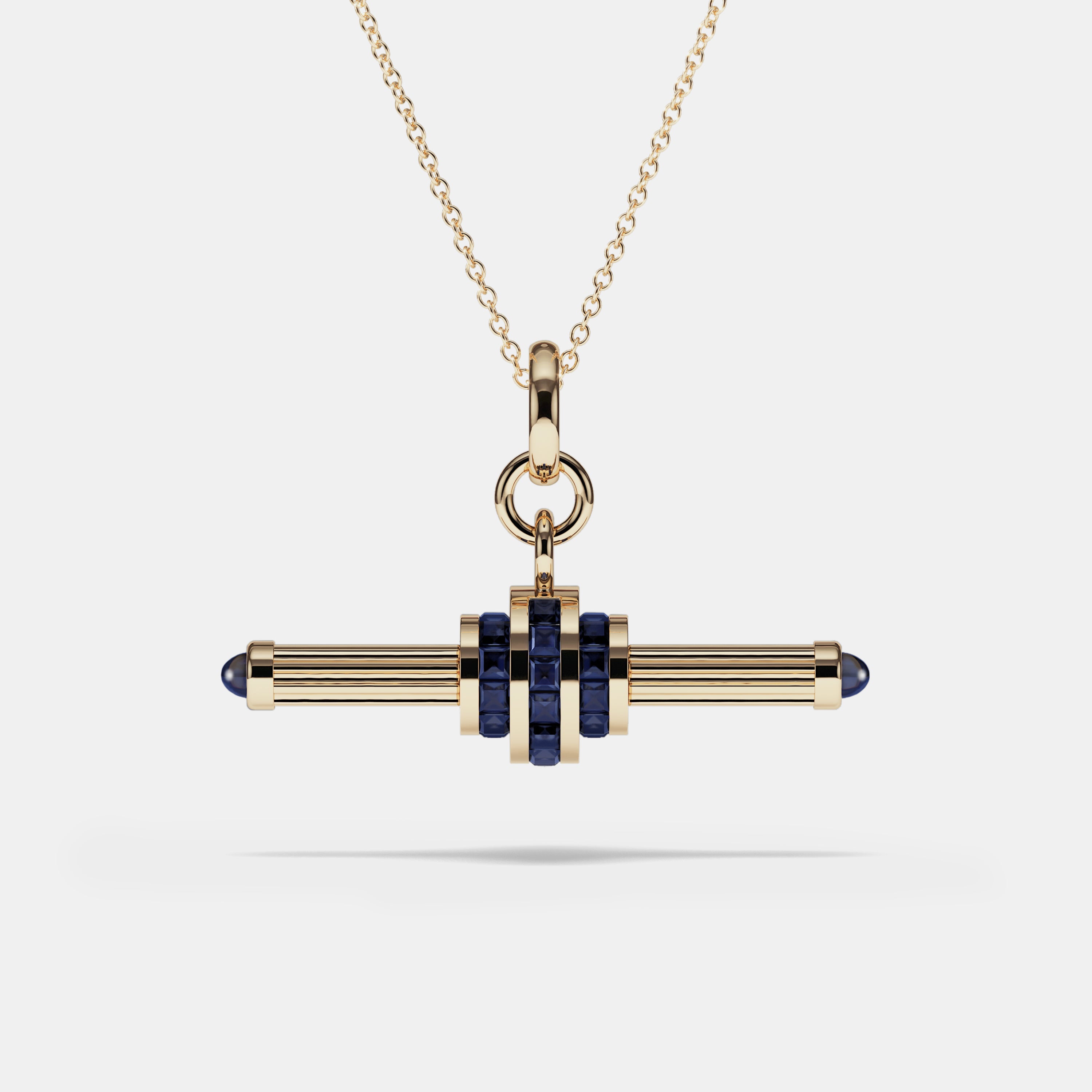 Cog Sapphire T-Bar Pendant in 18 karat yellow gold