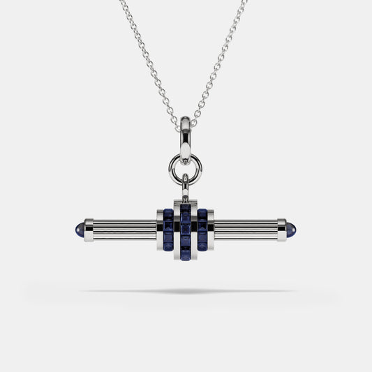 Cog Sapphire T-Bar Pendant in 9 karat white gold