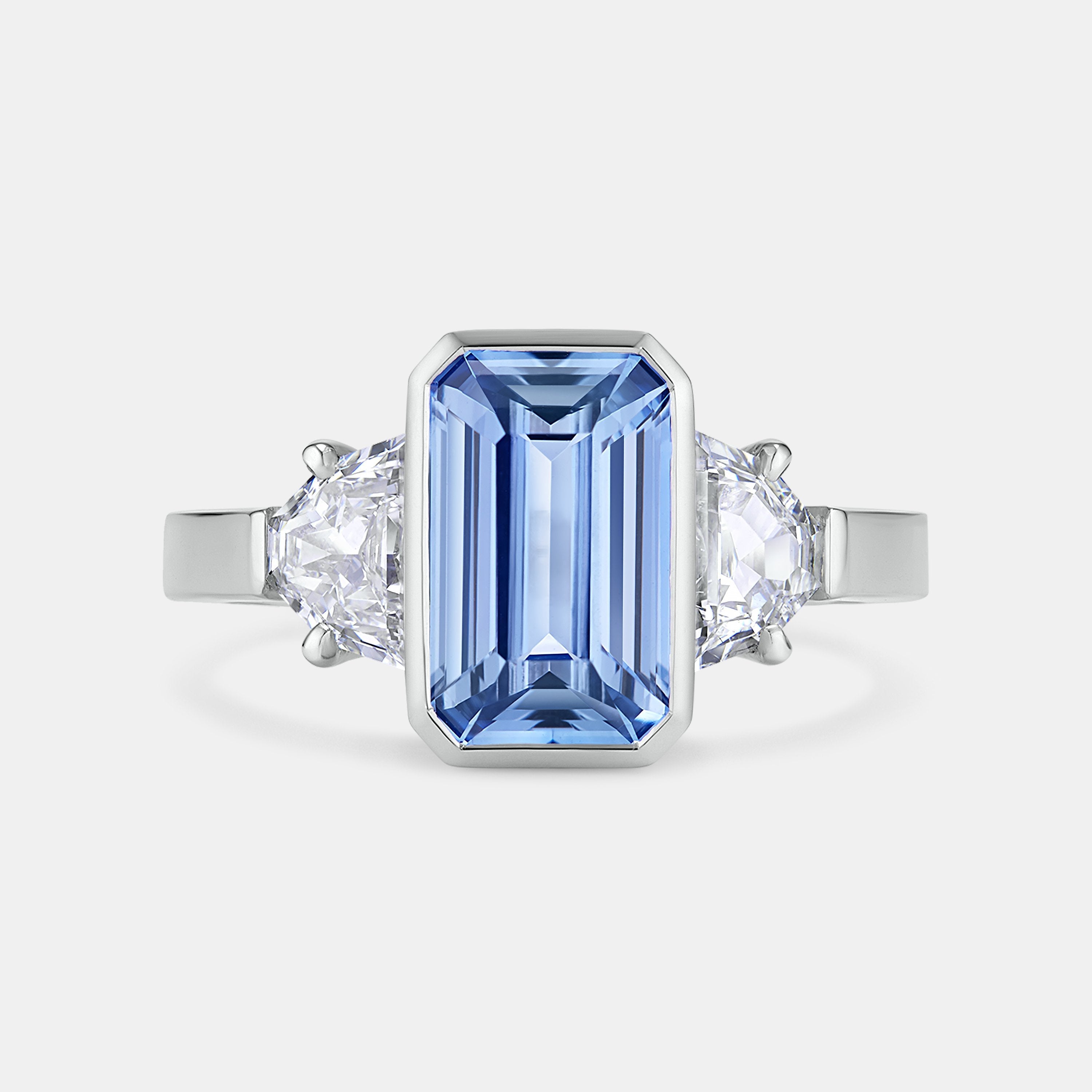 ESTELLE 3.03ct Emerald Cut Blue Sapphire Three Stone Engagement Ring