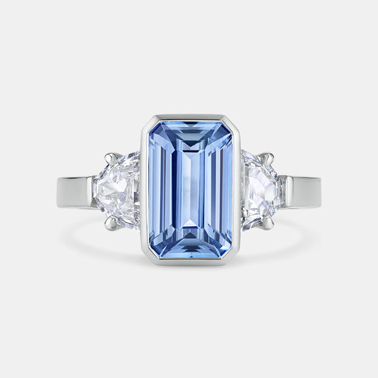 ESTELLE 3.03ct Emerald Cut Blue Sapphire Three Stone Engagement Ring