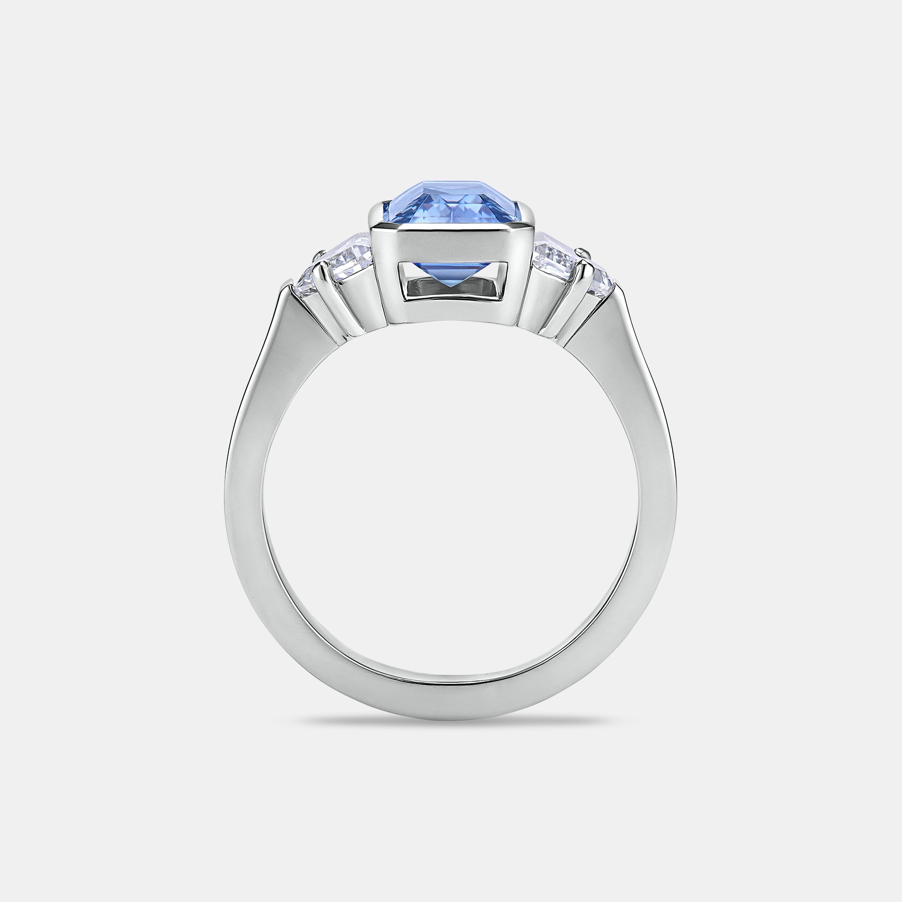 ESTELLE 3.03ct Emerald Cut Blue Sapphire Three Stone Engagement Ring