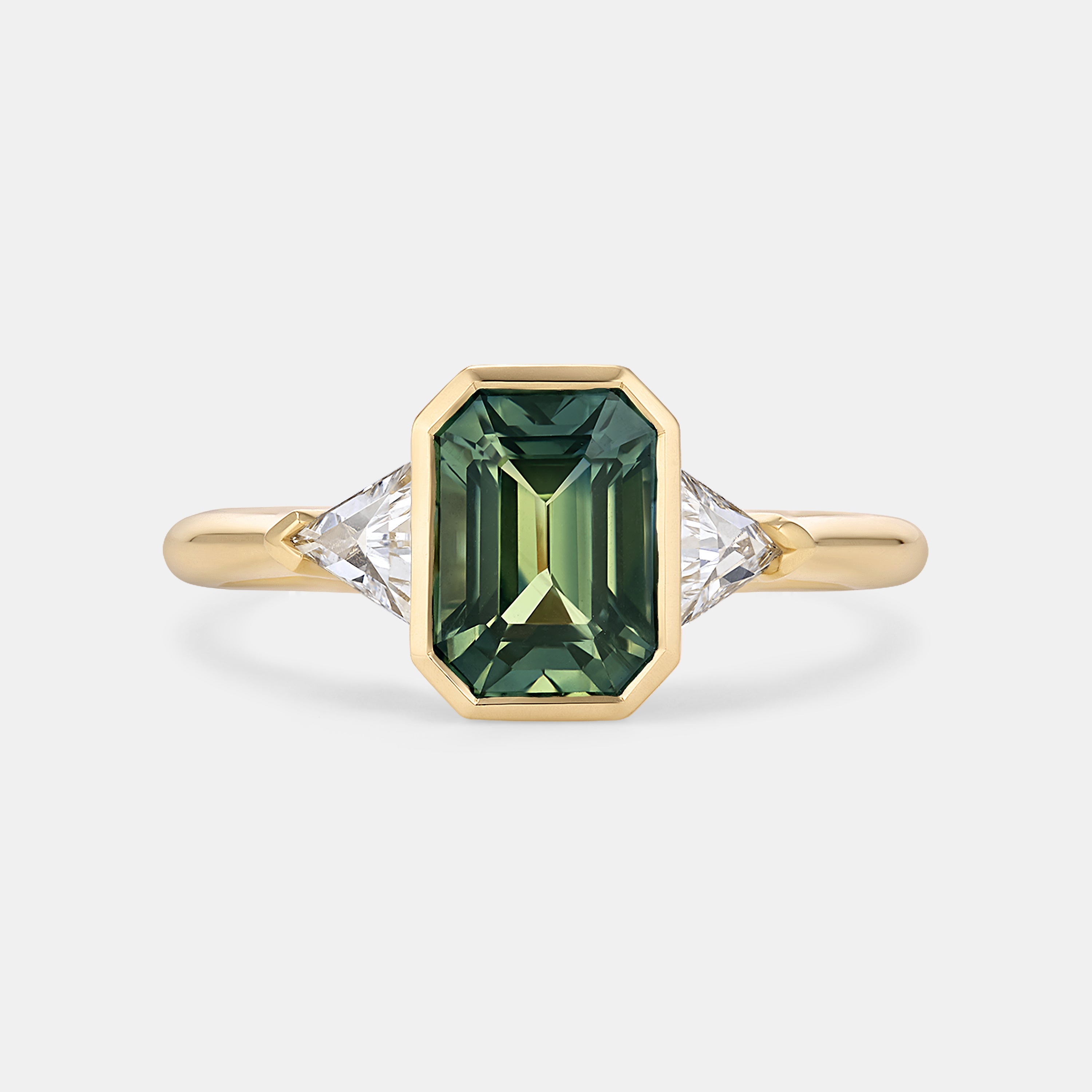 Marni 2.47ct Emerald Cut Blue Green Sapphire Three Stone Engagement Ring