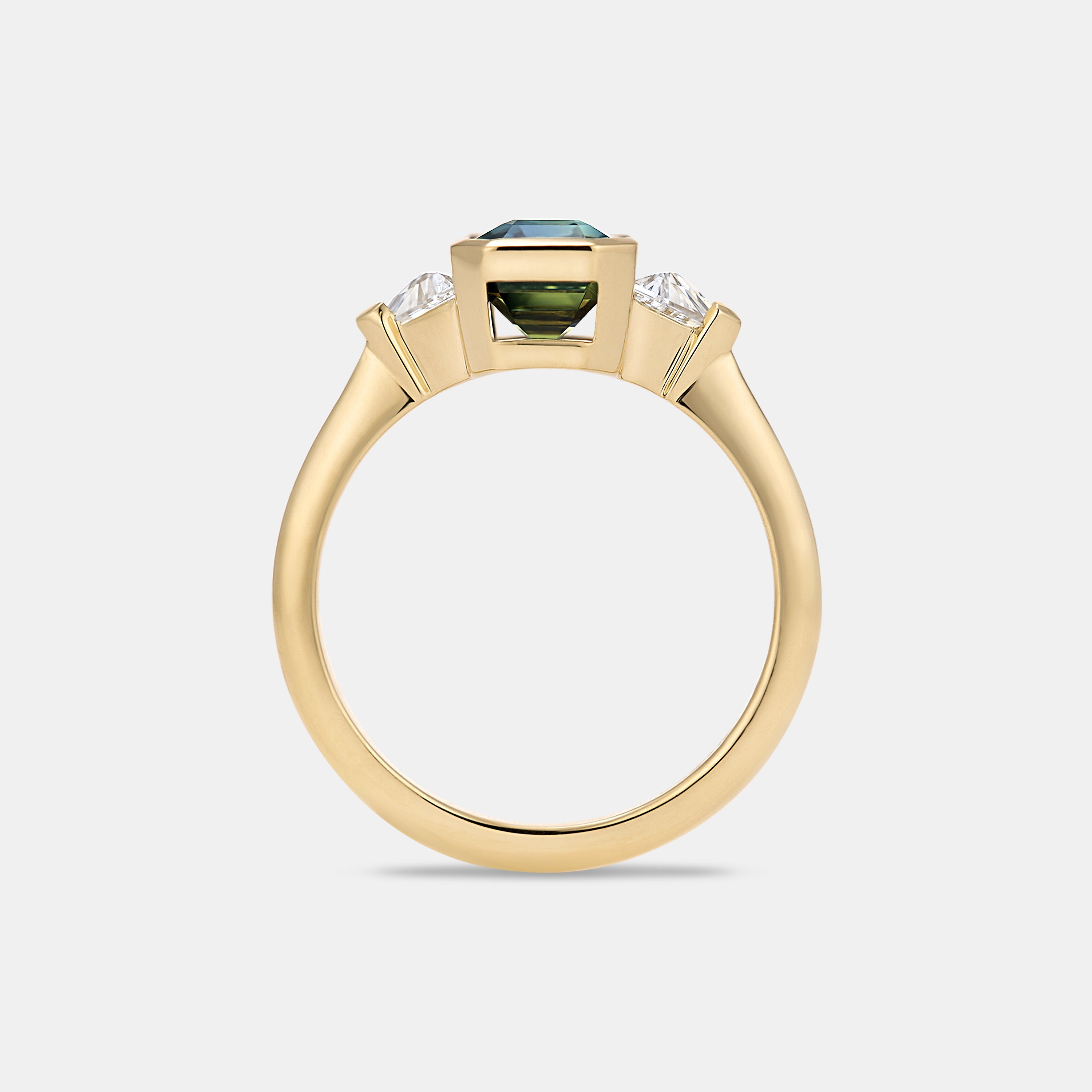 Marni 2.47ct Emerald Cut Blue Green Sapphire Three Stone Engagement Ring