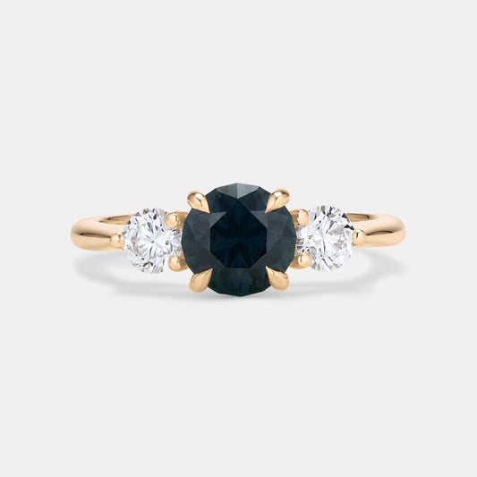 Maya 1.38ct Round Deep Teal Blue Sapphire Three Stone Engagement Ring