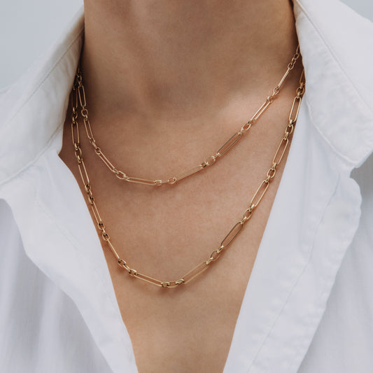 Trombone Link Handmade Chain Necklace in 9 karat Yellow Gold